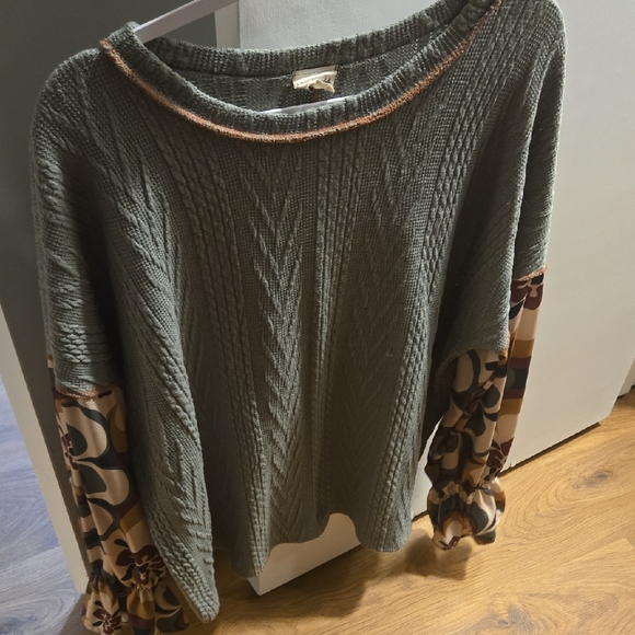 Lovely Melody Sweaters - Lovely Melody Olive Sweater with Floral Sleeves